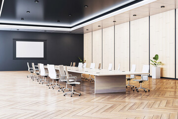 Modern empty conference room with wooden floor, light walls, sleek chairs, and large table in...