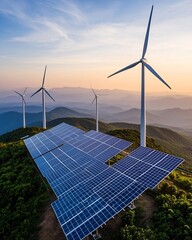 A clean energy power plant with towering wind turbines and expansive solar farms, renewable energy solutions, eco-conscious industrial design, atmospheric sunrise, high-resolution, professional-grade