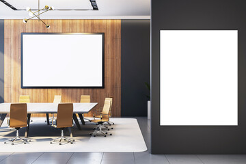 Modern corporate meeting room interior with blank vertical and horizontal poster frames on wall for design mockup and presentation concepts. 3D Rendering