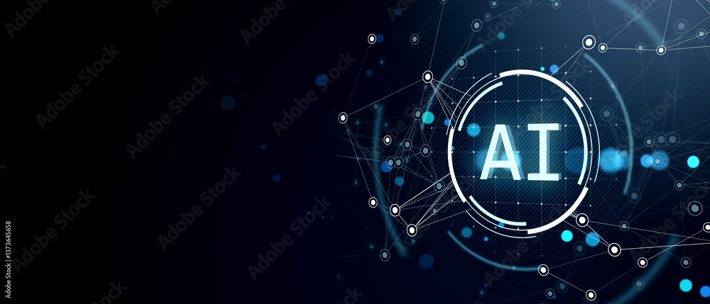Poster Futuristic AI digital network with glowing blue elements on dark background. 3D Rendering