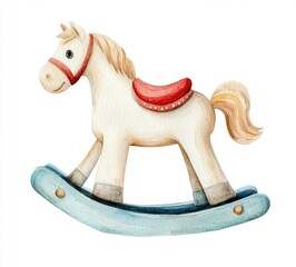 Charming watercolor illustration of an adorable toy rocking horse capturing childhood nostalgia and joy