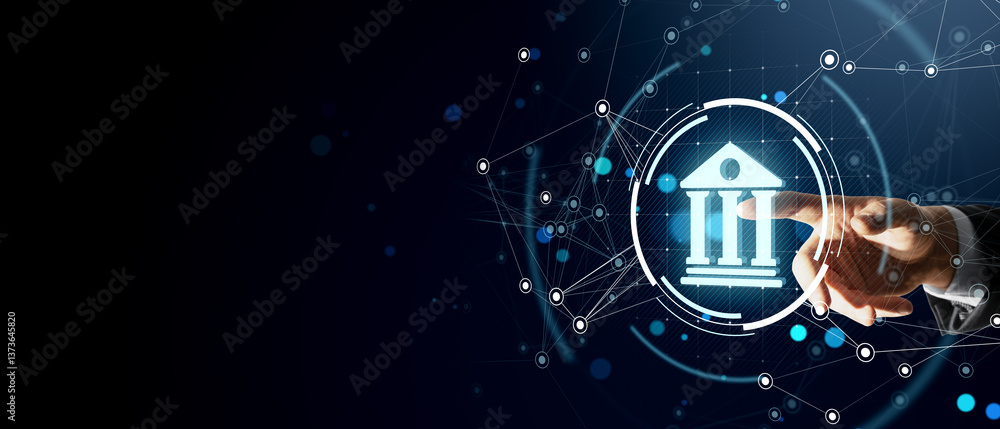 Poster digital banking technology concept with a businessman touching a virtual bank icon in a futuristic f