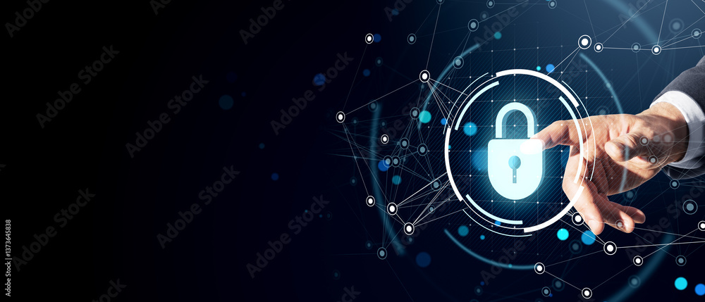 Poster Cybersecurity concept with glowing lock icon on digital network background.