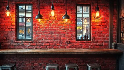 Cozy Bar Interior: A warmly lit bar interior showcasing a rustic brick wall, wooden counter, and suspended lamps, evoking an inviting and intimate atmosphere.