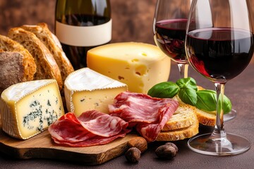 Iberico tapas Spanish delicacy Delicious cheese, meats, and wine arranged on a rustic board.