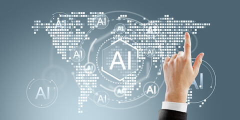 Hand touching AI digital interface with world map in futuristic design.