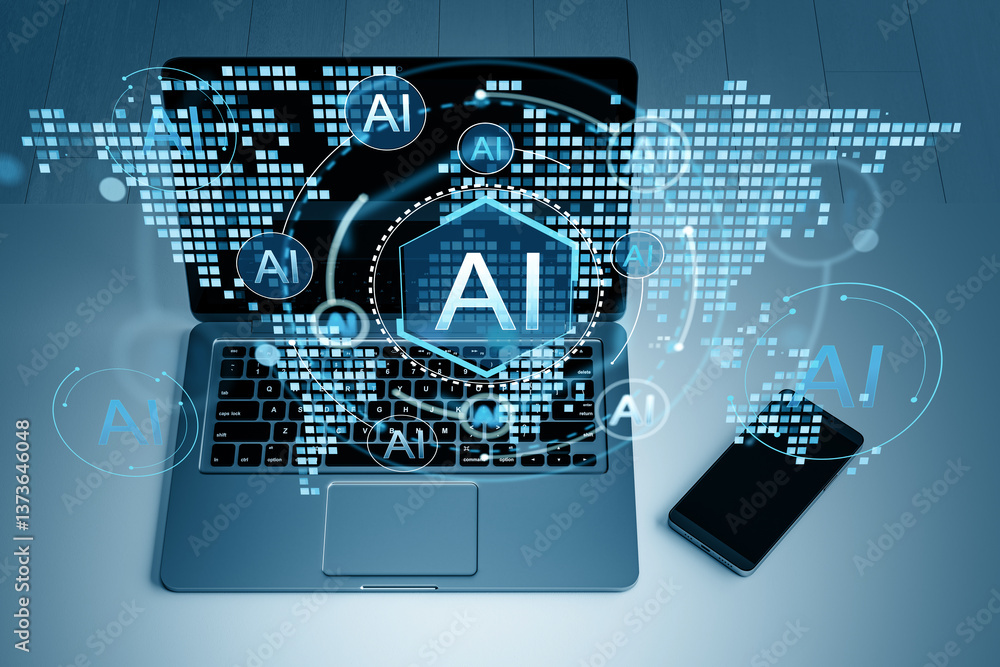 Aufkleber AI technology digital concept with glowing virtual elements on laptop and smartphone. 3D Rendering