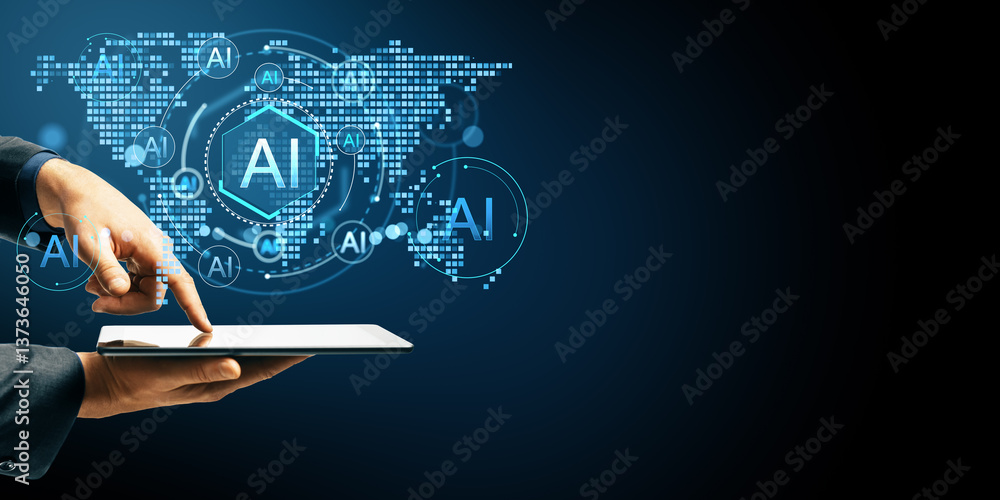Aufkleber Futuristic AI technology concept with businessman using digital tablet and glowing holographic data network on dark background.
