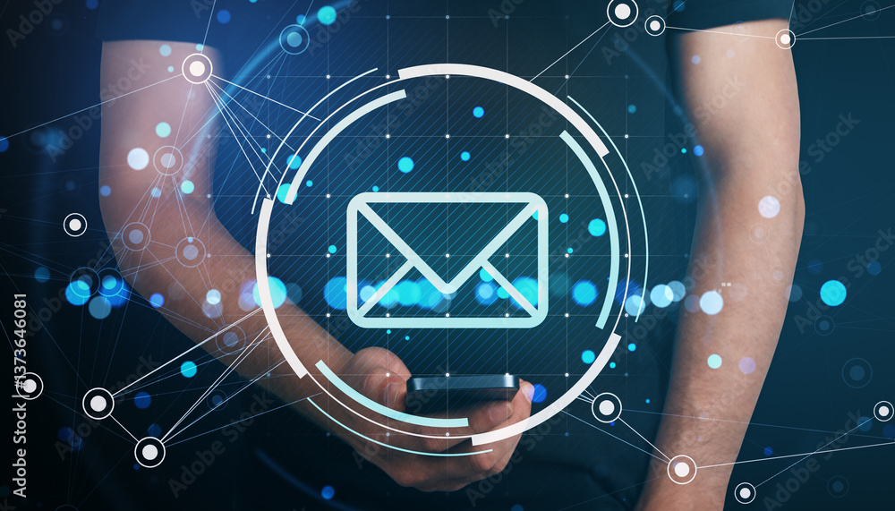 Aufkleber Digital email icon with holographic elements over a person using a smartphone.