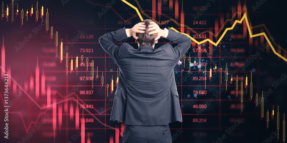 Poster stressed businessperson holding head in front of plunging stock market chart on dark background with