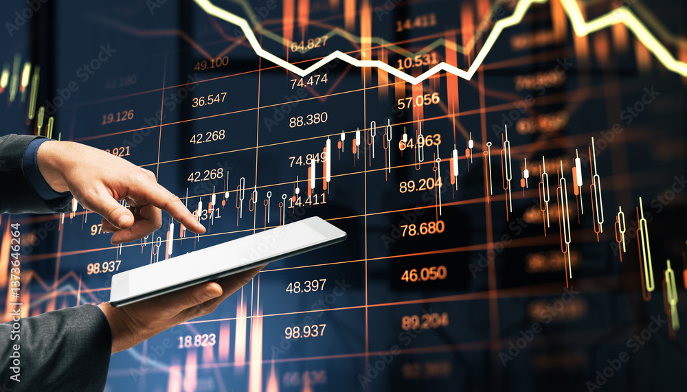 Poster businessperson analyzing stock market data on digital tablet in front of financial trading chart wit