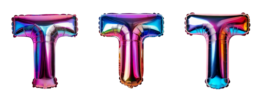 Ai Generated Set of Holographic Metallic Foil Capital T Inflated Balloon Letters against Transparent Background
