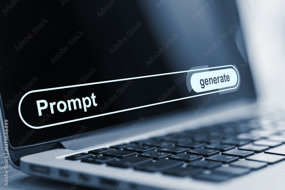 Poster Prompt and generate text interface on laptop screen representing artificial intelligence and machine learning software technology concept..