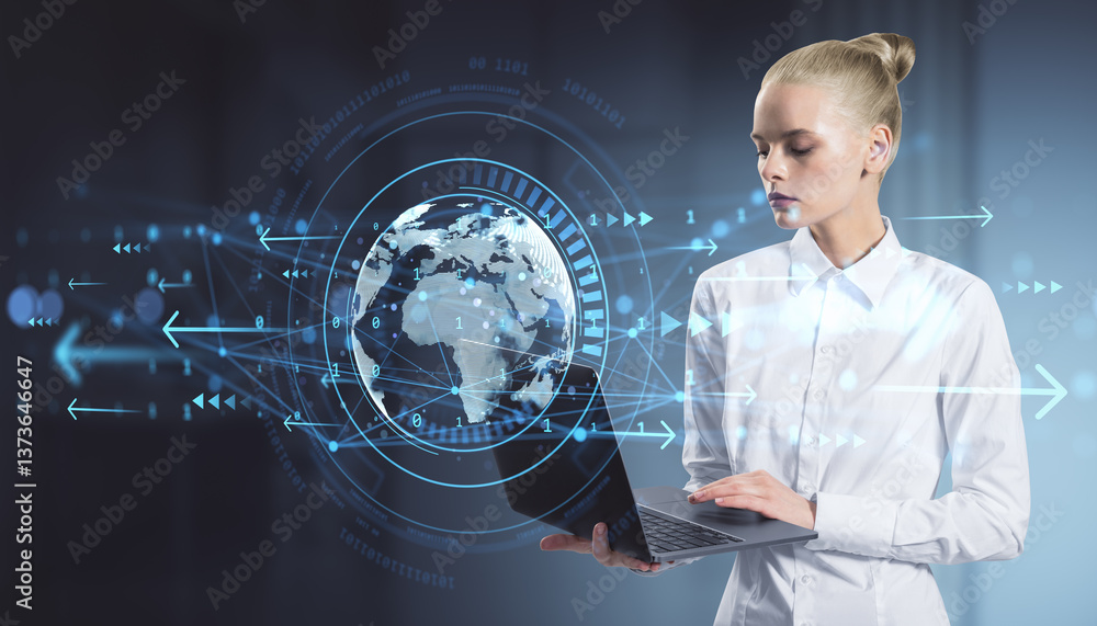 Poster businesswoman using laptop with digital data and global network connections around her on dark backg