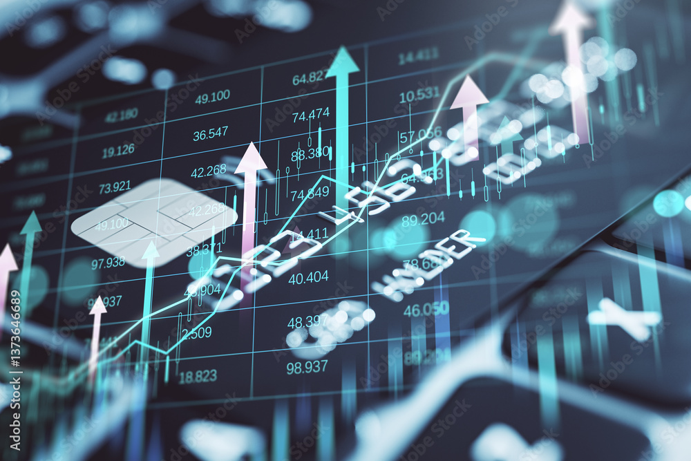 Poster upward arrows, credit chip, and financial data overlays on abstract background symbolizing digital b