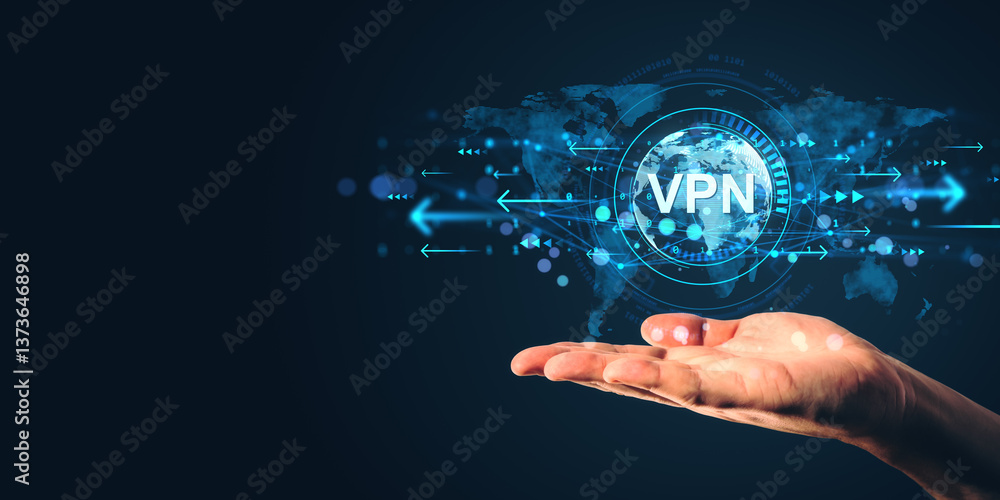 Poster person's hand holding virtual vpn symbol with glowing digital elements and global map on dark backgr