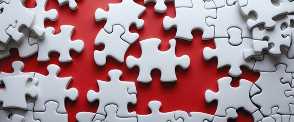vibrant white puzzle pieces close-up on red surface