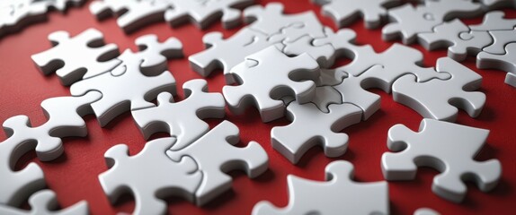 vibrant close-up of white puzzle pieces on red surface