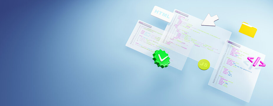 Modern coding interface with HTML, CSS, and JavaScript files floating on light blue background for web development and education concepts. 3D Rendering