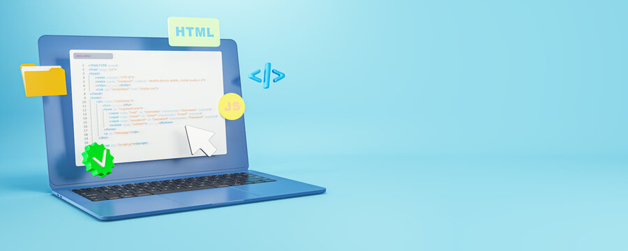 Laptop displaying HTML and JavaScript code with development icons floating on light blue background representing software and coding education concept. 3D Rendering