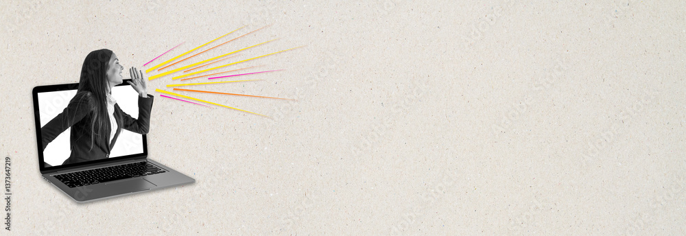 Poster businesswoman emerging from laptop shouting with colorful lines on textured background for communica