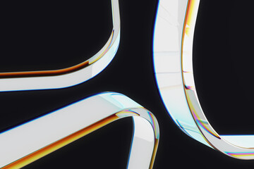Abstract curved glass-like shapes with light refractions on a dark background, showcasing modern design and creative art concept in 3D Rendering. 3D Rendering