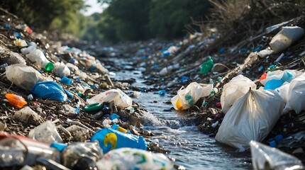 Obraz premium Riverbed covered with plastic waste highlighting the impact of climate change