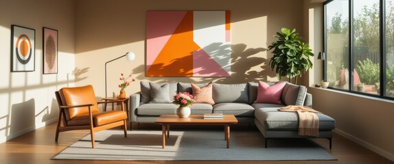 cozy living room with stylish furniture and artistic wall painting