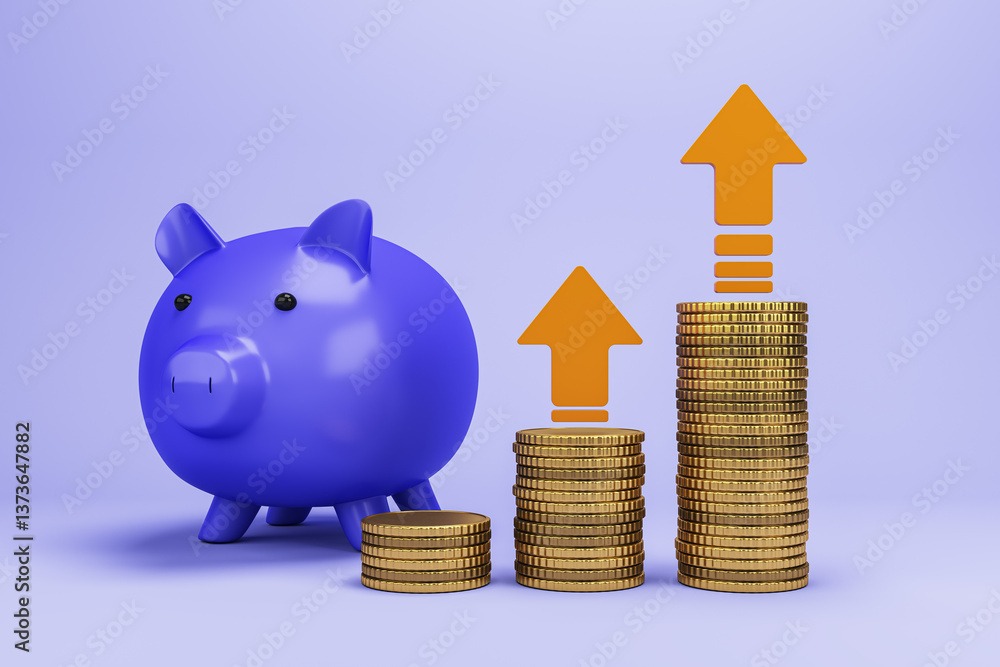 Aufkleber growing savings concept with piggy bank and stacked coins with upward arrows. 3d rendering