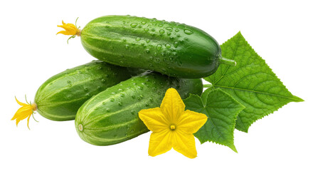 Isolated three cucumbers with flower and leaf