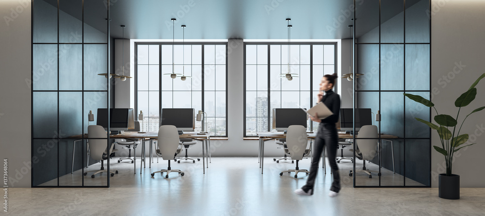 Poster Modern office interior with open workspace and large windows.