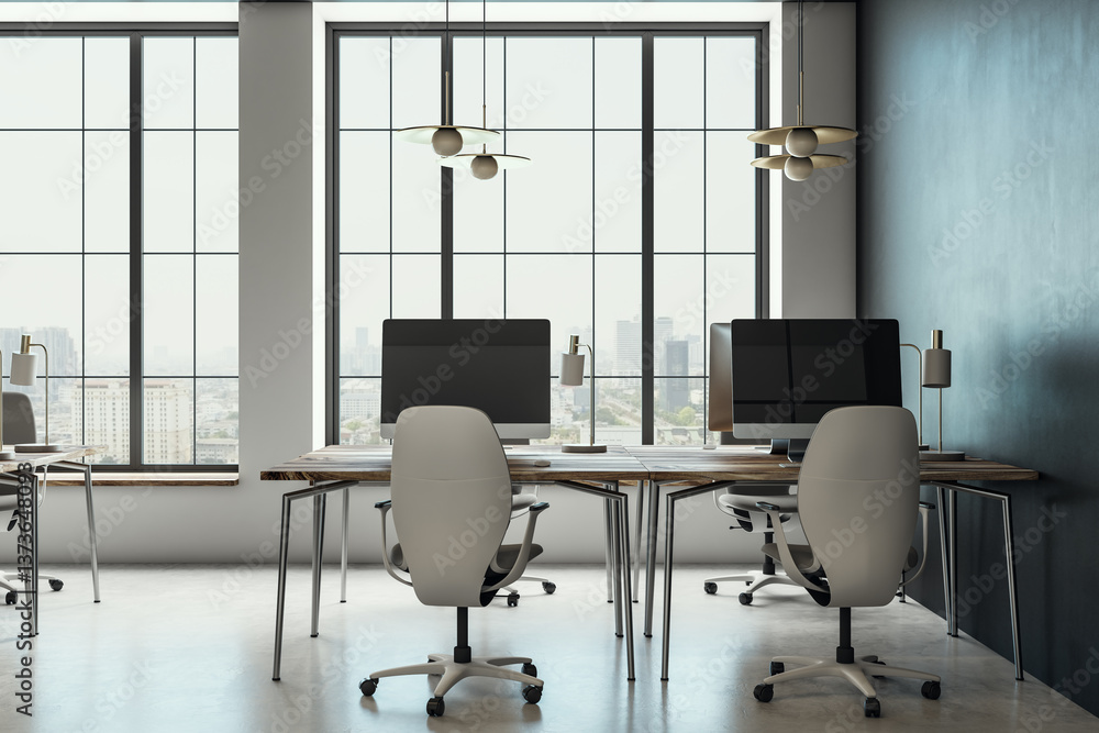 Poster modern office interior with large windows and city view. 3d rendering