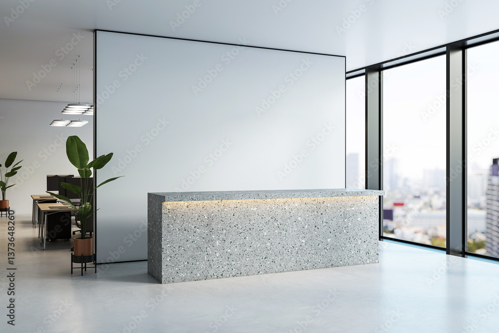 Poster modern empty office reception with terrazzo desk and blank wall for branding mockup in clean interio