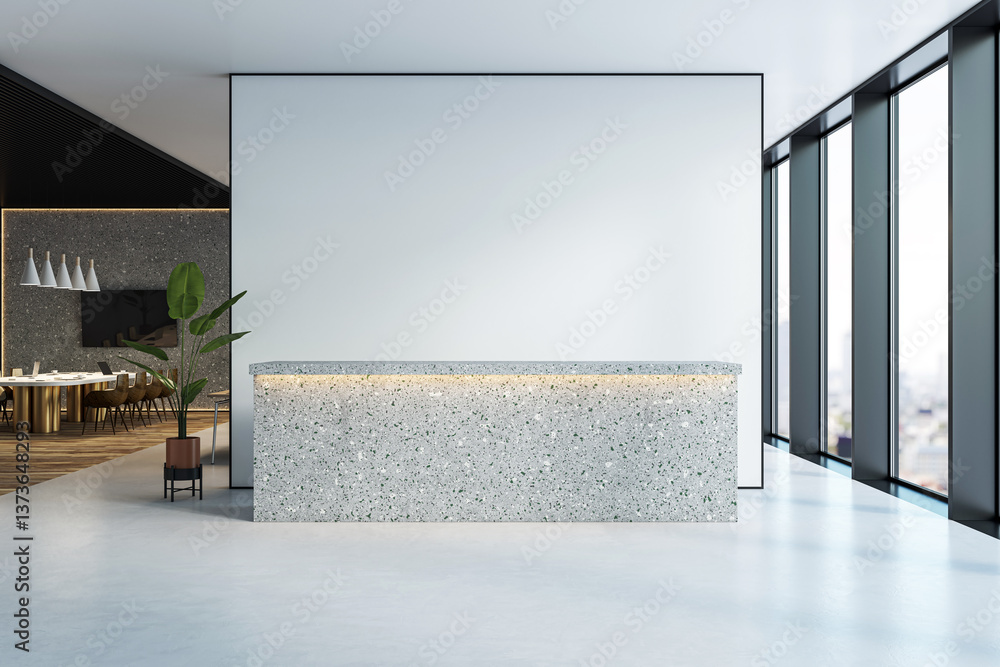 Poster modern corporate office interior with terrazzo reception desk and blank wall for branding mockup, fe