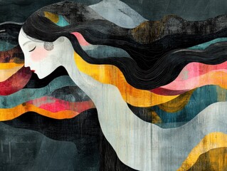 Expressive and chaotic illustration of a woman with long hair capturing vibrance and emotion in a dynamic style