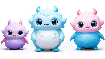 Fototapeta premium Three little colorful monsters surrounded by pastel hues and glittering accents in a delightfully whimsical scene