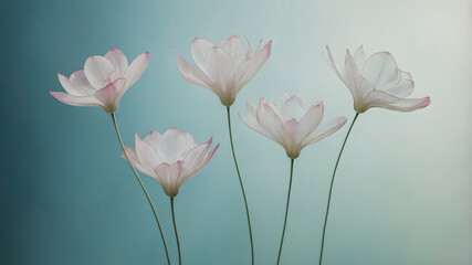 Fototapeta premium Delicate Pastel Flowers with Translucent Petals on Soft Gradient Background, Elegant Floral Design