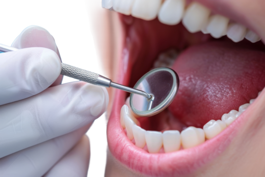 A professional dentist using a mirror to inspect dental health