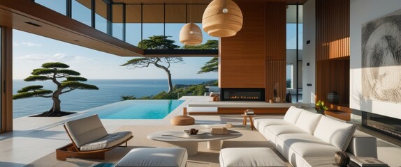 Fototapeta premium serene living room overlooking pool through large window
