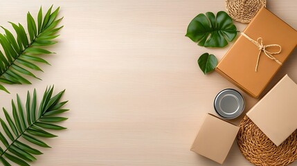 Minimalist flat lay scene showcasing an assortment of stylish storage solutions including sleek metal tins woven wicker baskets and sturdy cardboard boxes set against the warm