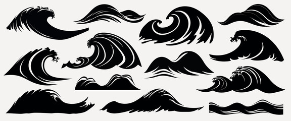 Fototapeta premium Stylized black wave illustrations, isolated element set vector