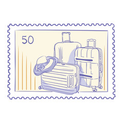 Set of travel suitcases and hat for traveling. Vintage stamp seal or sticker, summer travel postcard. Hand drawn sketch of travel luggage. Vector ink isolated illustration in retro style.