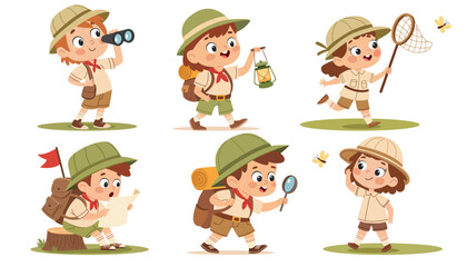 Happy cute kids summer camp holiday set. Scouting kids set. Cute little boy and girl scouts in uniform with camping equipment cartoon vector illustration