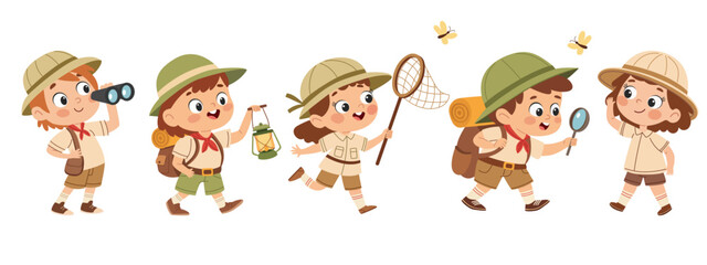 Happy cute kids summer camp holiday set. Scouting kids set. Cute little boy and girl scouts in uniform with camping equipment cartoon vector illustration