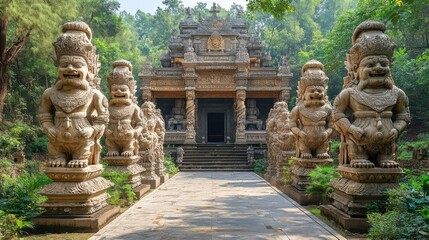 Fototapeta premium Colossal Statues of Mythical Creatures Guarding an Ancient Gateway