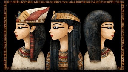 Three Ancient Egyptian Women in Profile Dark Background, Intricate Headdresses