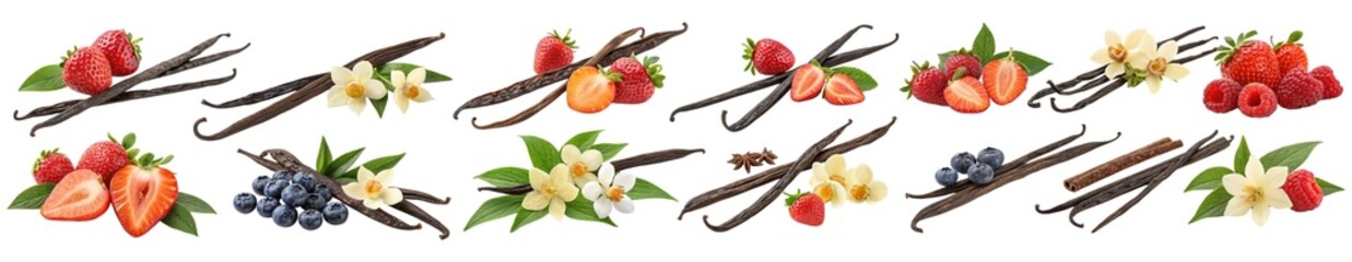 Collection of vanilla pods, ripe strawberries, raspberries, blueberries, vanilla flowers and green leaves arranged in various combinations cut out isolated Transparent PNG Elements