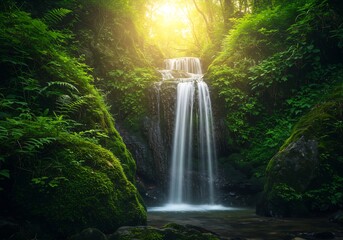 緑深き森の滝 黄金の光が優しく降り注ぐ