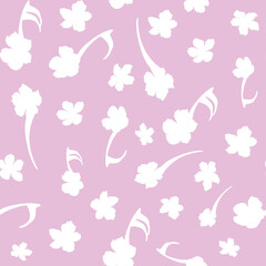 Seamless pattern of white floral-shaped musical notes and flower shapes, scattered across a light pink background. The notes and flowers are stylized, creating a whimsical and musical design.