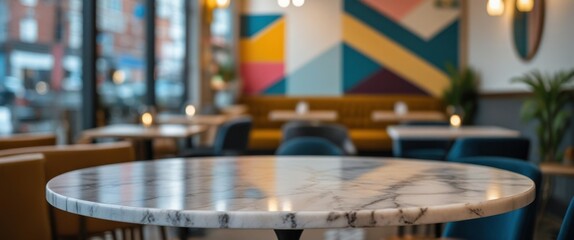 Obraz premium vibrant dining area with marble table, chairs, and colorful wall design